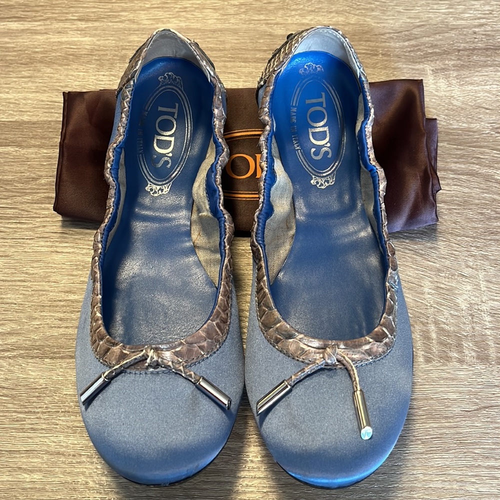 Authentic Tod's Blue Satin With Snakeskin Trim Scrunch Dee Ballet Flats - Picture 3 of 16